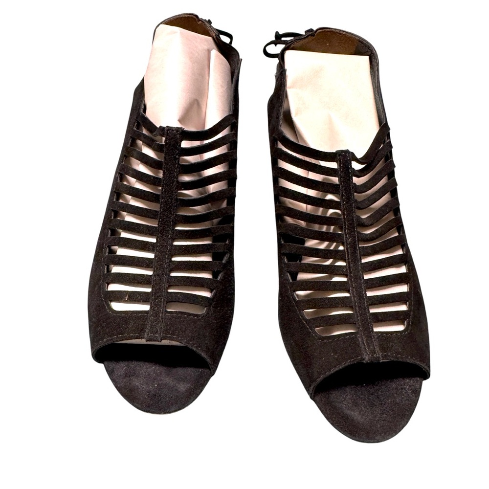 Paul Green Talia heel Suede leather  black boho peep toe sandals sz US 7